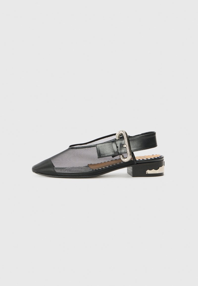 Black mesh slingback shoe with pointed toe, decorative silver buckle, and a block heel featuring wavy black and silver design accents.