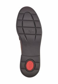 Semelle de chaussure avec une bande de roulement en caoutchouc noir texturé, taille 37 indiquée, et un insert circulaire rouge marqué "Tommy's Comfort" près du talon.