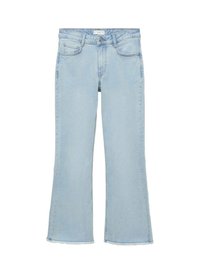 Jeans de mezclilla azul claro con acabado desgastado, cintura de altura media, diseño de cinco bolsillos y dobladillo deshilachado para un ajuste relajado.