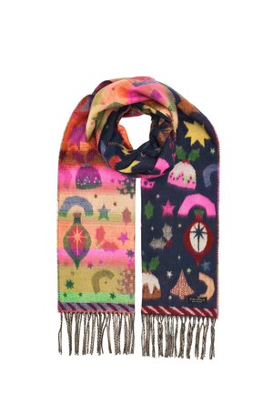 Colorful scarf with star, ornament, and pudding patterns in pink, orange, green, and navy blue, finished with fringe on both ends.