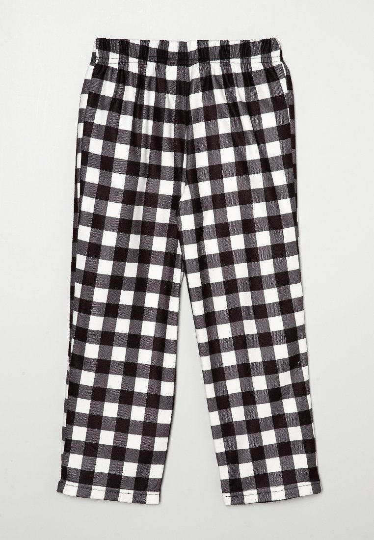 Pantalons à carreaux vichy noir et blanc avec une taille élastique, fabriqués en tissu léger et lisse, avec des jambes fuselées.
