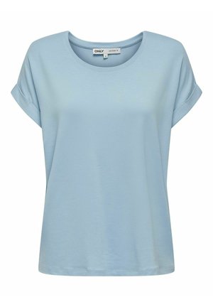 Lichtblauwe korte mouwen T-shirt van zacht materiaal, met een ronde halslijn en opgerolde mouwen. Eenvoudig ontwerp zonder patronen of accenten.