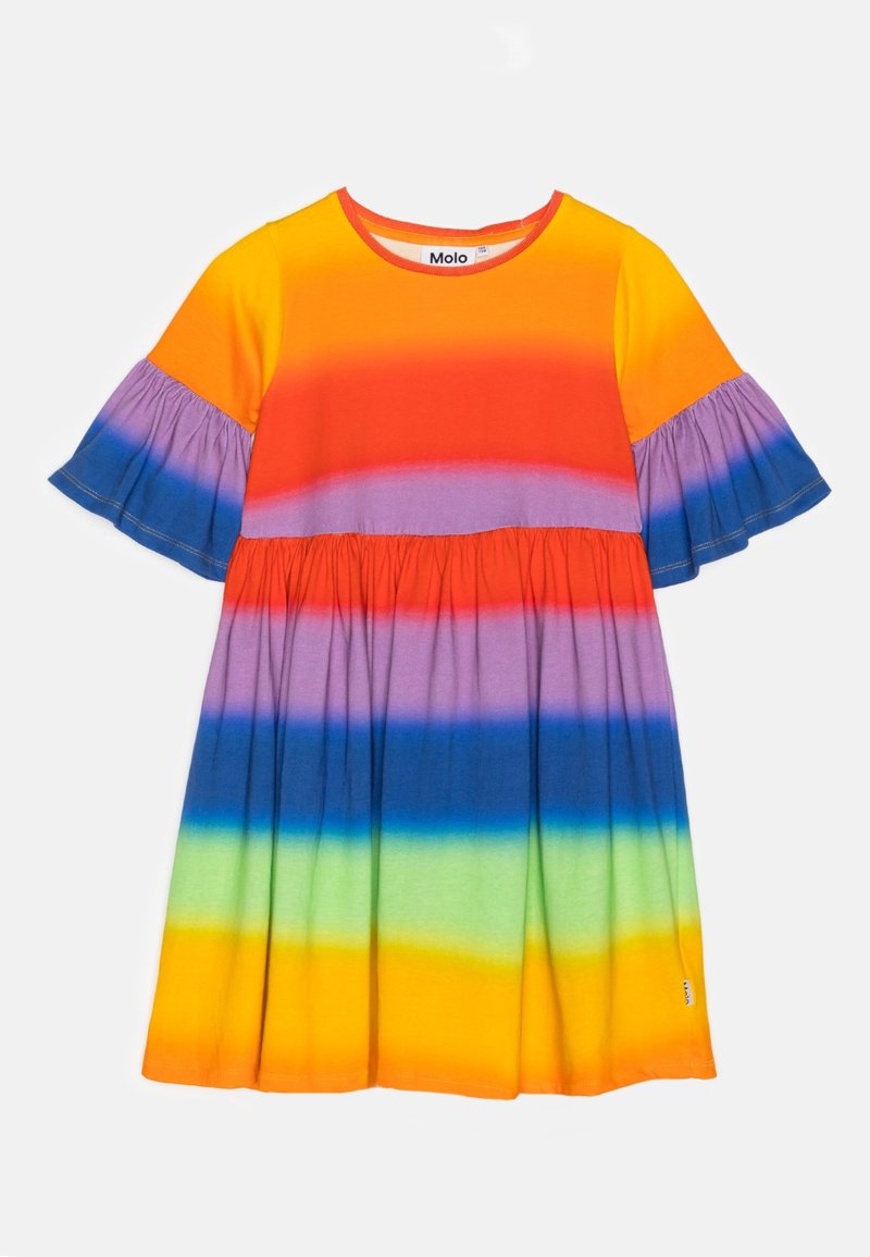 Robe à manches courtes multicolore avec des rayures dégradées en orange, rouge, violet, bleu, vert et jaune. Tissu doux avec des manches froncées.