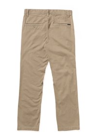 Pantalones de algodón beige con un diseño de pierna recta, que cuentan con dos bolsillos traseros, un bolsillo con cremallera y un acento de logo cerca del dobladillo.