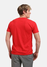 Röd bomull t-shirt med klassisk rund hals, korta ärmar och mjukt material, sedd bakifrån.