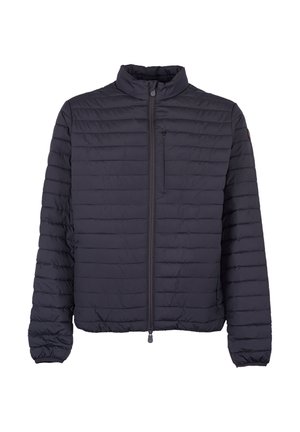 Giacca imbottita trapuntata blu navy con collo alto, zip frontale completa, tasca con zip sul petto e polsini elasticizzati.