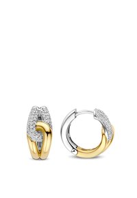 Ohrringe aus Gold und Silber mit einem gedrehten Design, das einen Abschnitt aus klaren Strasssteinen und eine polierte Oberfläche aufweist.