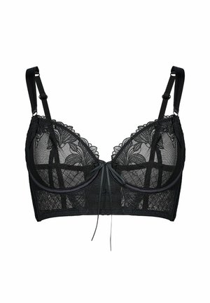 Czarny koronkowy biustonosz z kwiatowym haftem, regulowanymi ramiączkami, fiszbinami oraz małą kokardką na środku.