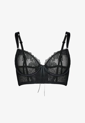 Czarny koronkowy biustonosz z kwiatowym haftem, regulowanymi ramiączkami, fiszbinami oraz małą kokardką na środku.