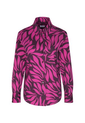 Langdurige blouse met lange mouwen in donkerpaars met een felroze bladerenpatroon. Gemaakt van gladde stof met een klassieke kraag en knopen aan de voorkant.