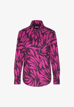 Langdurige blouse met lange mouwen in donkerpaars met een felroze bladerenpatroon. Gemaakt van gladde stof met een klassieke kraag en knopen aan de voorkant.