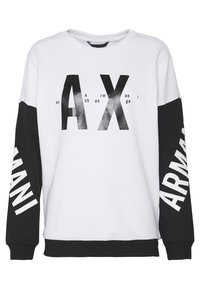 Weißer und schwarzer Sweatshirt mit Rundhalsausschnitt, ausgestattet mit großen schwarzen Buchstaben "AX" und "ARMANI" an den Ärmeln. Strukturierter Stoff und eng anliegende Bündchen.