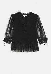 Czarny top z teksturowanej tkaniny, przezroczyste rękawy z tiulu, detal w postaci wiązania przy dekolcie oraz falbaniasty dół. Regulowane mankiety rękawów z wiązaniami.