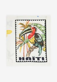 Bunte Stoffdarstellung eines Tukan auf einem Ast, umgeben von Palmenblättern. Schwarzer Rand mit gewellten Kanten, der das Wort "HAÏTI" prominent zeigt.