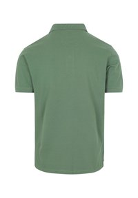 Groene polo met een zachte, gestructureerde stof, korte mouwen en een standaard kraag. Heeft een effen ontwerp zonder zichtbare branding.
