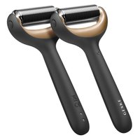 Zwarte ergonomische rollers met metalen zilveren gestructureerde cilinders, uitgerust met een gouden accent near de bovenkant en knoppen voor bediening.