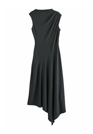Black sleeveless dress with a draped back, asymmetrical hem, and smooth texture, showcasing a fitted bodice and flowing lower half.