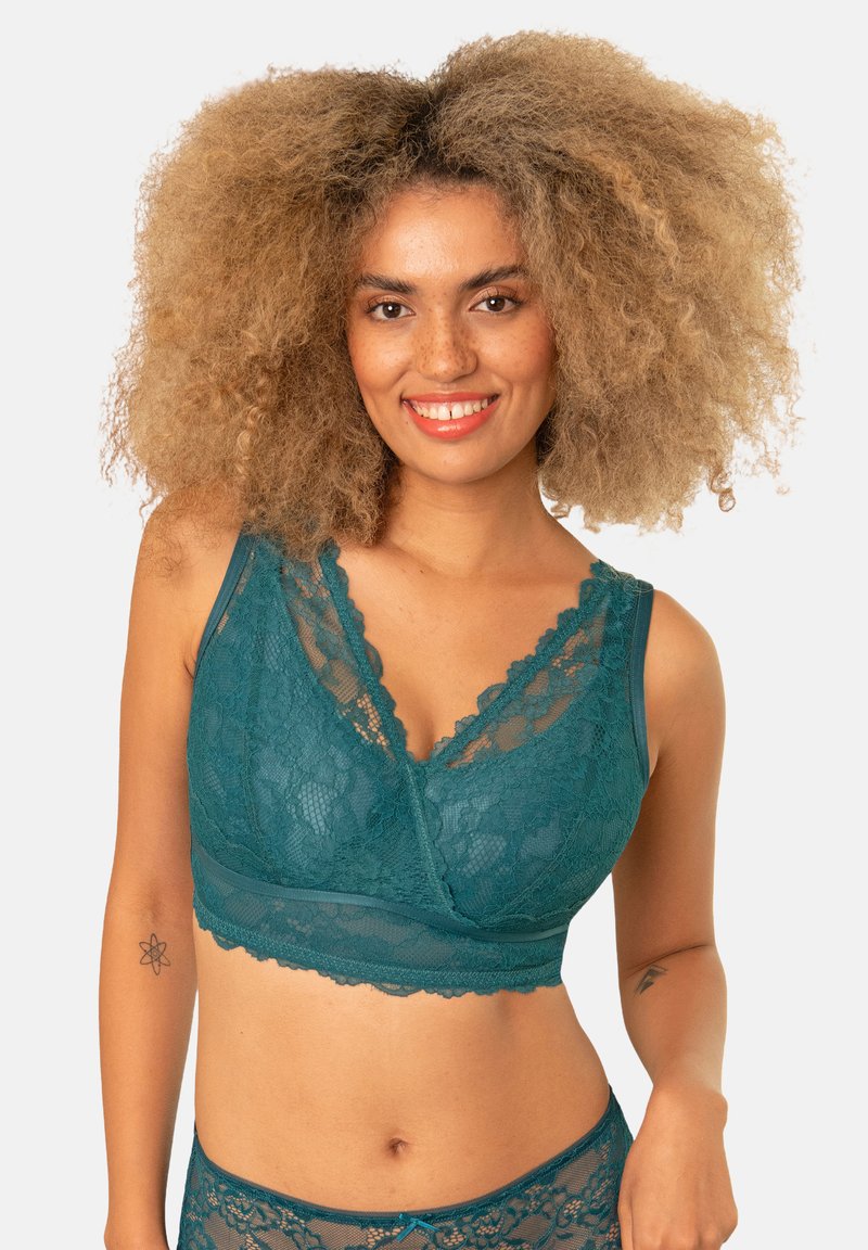 Türkise Spitzen-Bralette mit Wickeldesign, das komplizierte florale Muster, gewellte Kanten und verstellbare Träger aufweist. Weiches, strukturiertes Material.