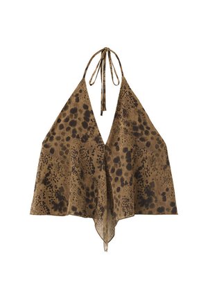 Haut à bretelles marron et noir à pois avec panneaux triangulaires et fermeture à nouer au cou.