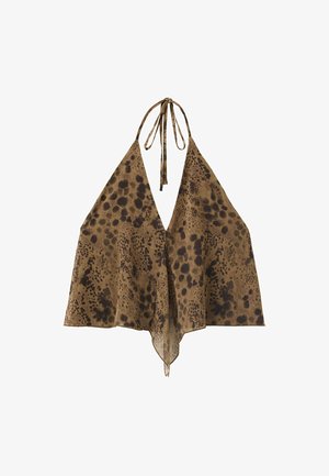 Haut à bretelles marron et noir à pois avec panneaux triangulaires et fermeture à nouer au cou.