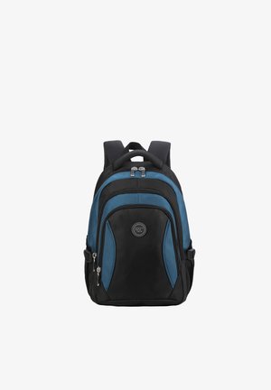 Zwarte en blauwe rugzak met meerdere ritssluitingen en gevoerde schouderbanden, rechtopstaand weergegeven op een witte achtergrond.