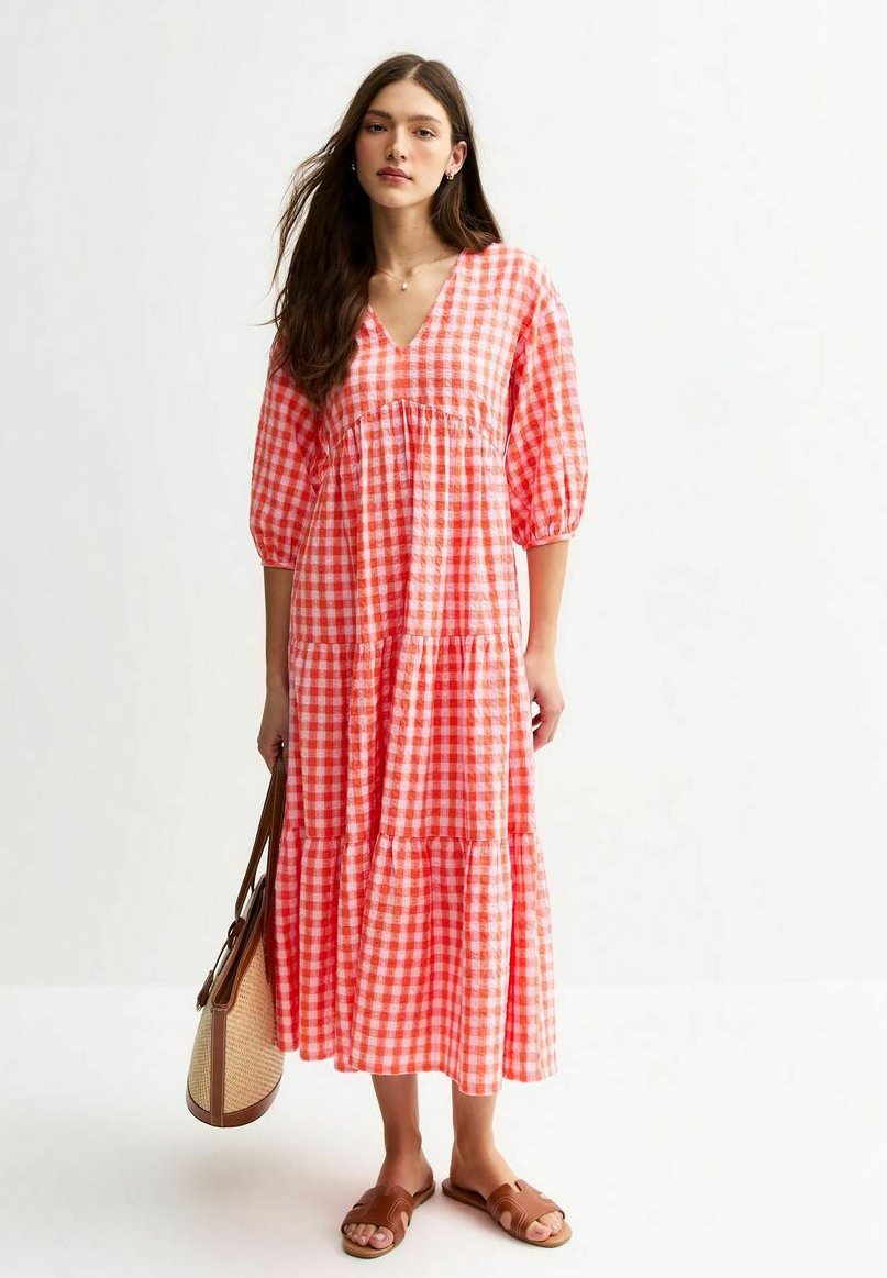 New Look CHECK TIERED MIDI - Day dress - pink pattern/mottled pink
