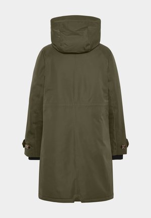 Oliivivihreä vedenpitävä parka, jossa on huppu, sivutaskut ja napilla varustetut hihansuut. Sileä pinta, jossa on yksinkertainen muotoilu ja suora leikkaus.