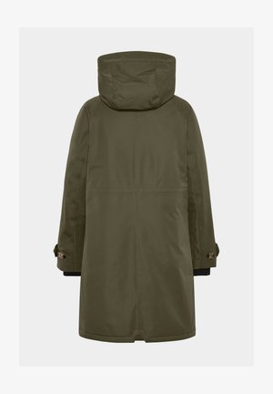 Parka imperméable vert olive avec capuche, poches latérales et poignets boutonnés. Texture lisse avec un design épuré et une coupe droite.