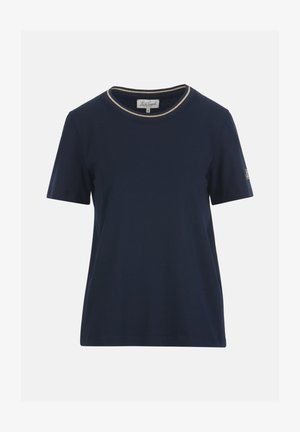 Marineblauw T-shirt met korte mouwen, beige bies rond de ronde hals en een klein logo op de linker mouw, maat small.