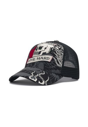 Schwarze Baseballkappe aus Mesh mit Totenkopf, rotem Herz, weißen Flammen und dem auf dem Vorderpaneel bestickten Text "LOVE HARD".