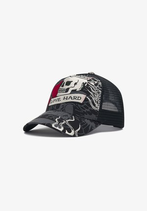 Schwarze Baseballkappe aus Mesh mit Totenkopf, rotem Herz, weißen Flammen und dem auf dem Vorderpaneel bestickten Text "LOVE HARD".