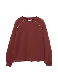 Bordeaux pullover sweatshirt met een ronde halslijn, raglanmouwen, geribbelde manchetten en contrasterende witte bies langs de naden. Zacht materiaal.