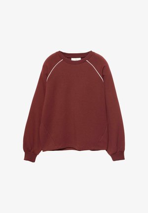 Bordo pulóver so zaobleným výstrihom, raglánovými rukávmi, rebrovanými manžetami a kontrastným bielym lemovaním pozdĺž švov. Mäkka tkanina.