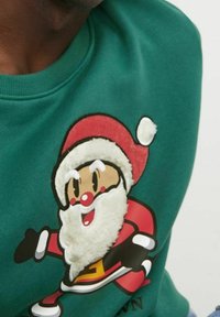 Groene sweatshirt met een cartoon Santa met een pluche baard, rode hoed en een rood-zwart kostuum, verfraaid met een witte pompon en handschoenen.