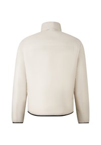 Puffige, cremefarbene Jacke mit hohem Kragen, glatter Textur und schwarzem Saumdetails, entworfen mit einer lockeren Passform für Komfort und zum Schichten.