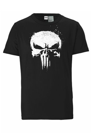 Camiseta de algodón negra con un gran gráfico de calavera blanca que presenta un efecto de salpicadura texturizado. Diseño clásico de cuello redondo y mangas cortas.