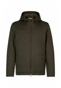 Herre oliven grøn hættejakke med fuld front lynlås, justerbare snore i hætten og lange ærmer.