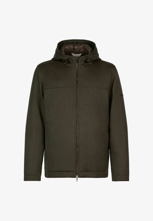 Herrenjacke in Olivgrün mit Kapuze, vollständigem Reißverschluss, verstellbaren Kordeln an der Kapuze und langen Ärmeln.