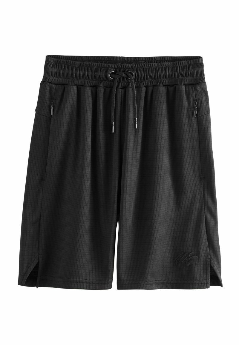 Shorts de sport noirs en tissu léger et texturé, avec une taille élastique, un cordon de serrage ajustable et deux poches zippées.
