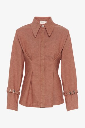 Jachetă de culoare ruginie, realizată dintr-un material texturat, cu guler, nasturi frontali și bretele ajustabile pe mâneci. Design ajustat cu cusături.