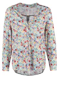 Floral print long-sleeve blouse featuring a V-neck, light fabric, and a mix of red, yellow, and blue flowers on a pale background.