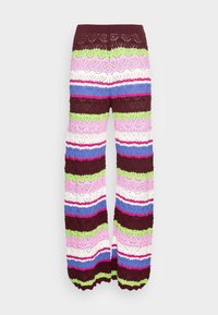 Pantalons à larges jambes en dentelle tricotée, présentant un motif multicolore avec des rayures marron, rose, vert, bleu et blanc. Détail de ourlet festonné.