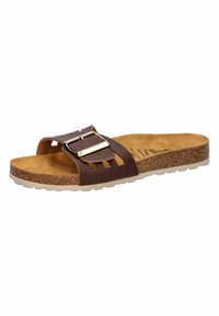 Brown leather slide sandal with wide support strap featuring a silver buckle, cork footbed, and textured rubber outsole.