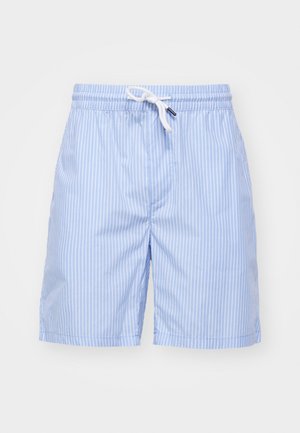 Heldere blauwe gestreepte zwemshorts van glad materiaal. Voorzien van een witte trekkoord en zijzakken. Middellange lengte tot op de dij met een rechte snit.