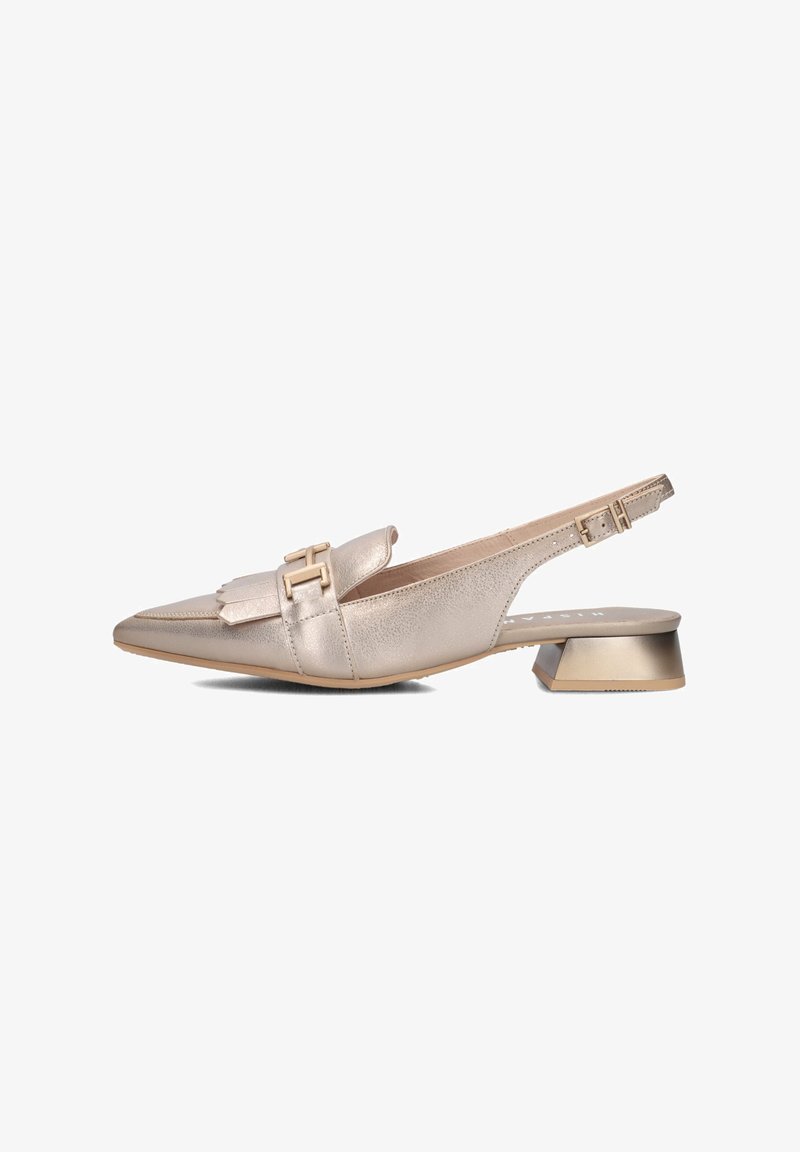 Metallic gold slingback shoe with a pointed toe, decorative fringed detail, and a low block heel. Buckle closure at the back.