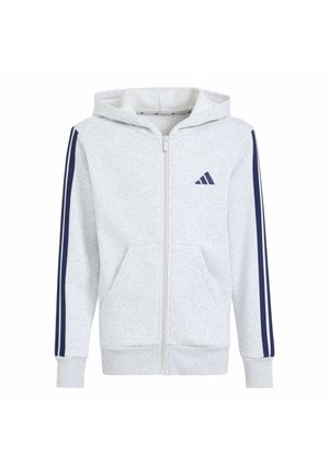 Sweat à capuche gris clair zippé intégral avec des rayures bleu marine sur les manches et un petit logo bleu marine sur la poitrine, poches avant et poignets côtelés.