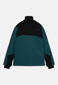 Jasne modro-zelené a čierne blokované sako s vysokým golierom, dlhými rukávmi a detailmi s gombíkmi. Vyrobené z odolnej, textúrovanej tkaniny.