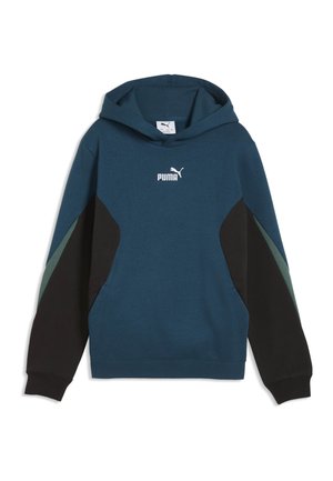 Dunkelgrüner Kapuzenpullover mit schwarzen und grünen Ärmeln und weißem Puma-Logo auf der Brust, flach auf weißem Hintergrund liegend.