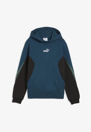 Dunkelgrüner Kapuzenpullover mit schwarzen und grünen Ärmeln und weißem Puma-Logo auf der Brust, flach auf weißem Hintergrund liegend.