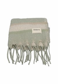 Mehrfarbiger Schal mit hellgrünen, beigen und cremefarbenen Streifen. Mit Fransen an den Rändern und einem Markenlabel auf einer Seite.